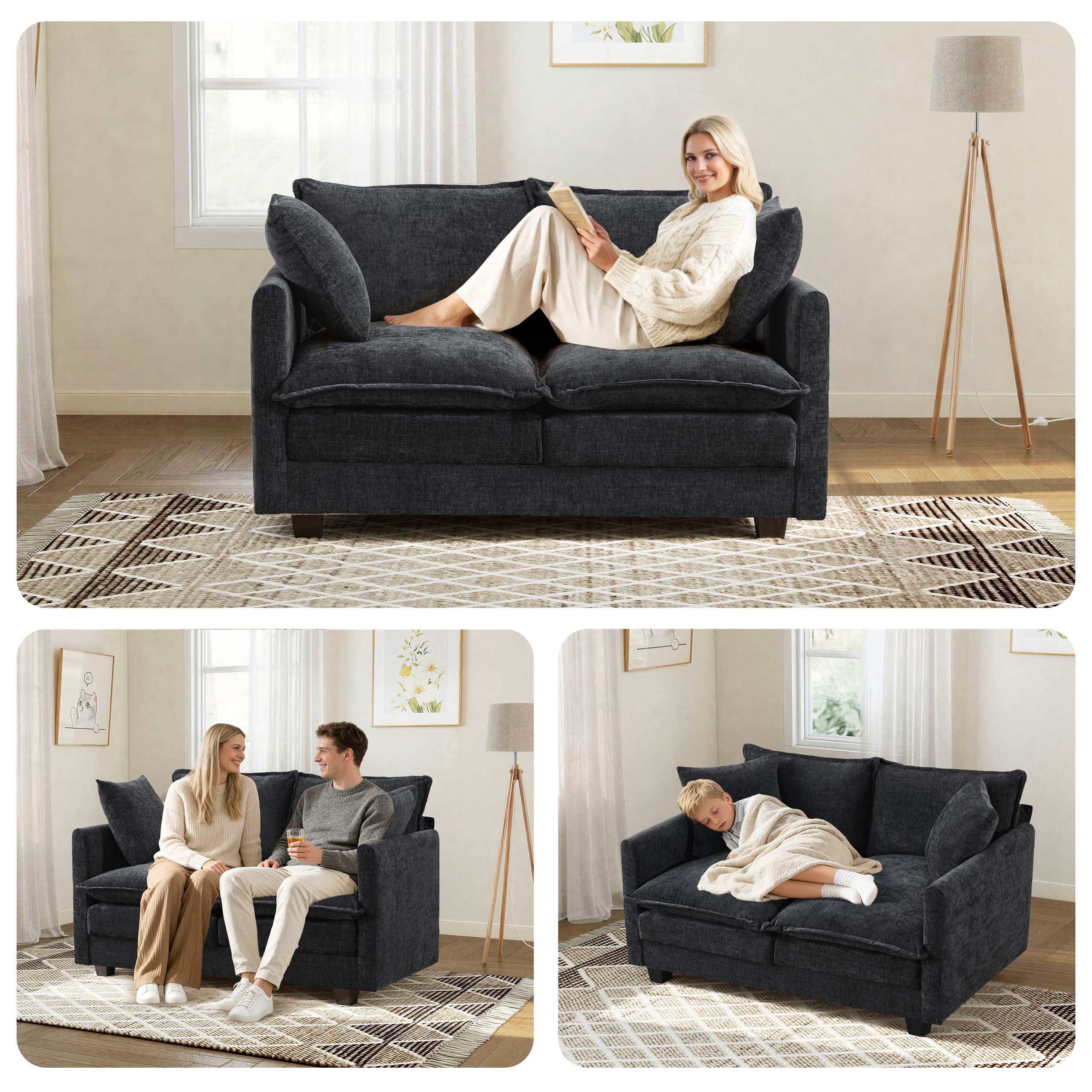 Dioepic 50" Loveseat Sofa Deep Seat Chenille Fabric with 2 Pillows for Living Room and Small Spaces, Black