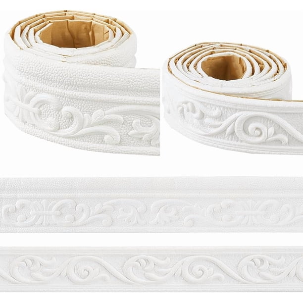 Moldura para borde de papel tapiz autoadhesiva 3D, blanca, flexible, resistente al agua, de 171 x 0,24 pulgadas, 2 estilos, para pared, líneas de base, espuma adhesiva