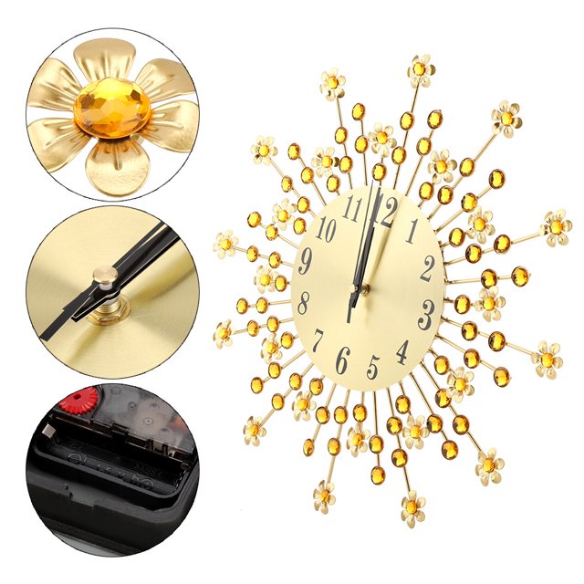Reloj de pared de metal de cristal, reloj de pared decorativo de Navidad de diamante Reloj de pared colgante de estilo moderno europeo Silence Bedroom Reloj de pared de metal para decoración de sala d EOTVIA NO