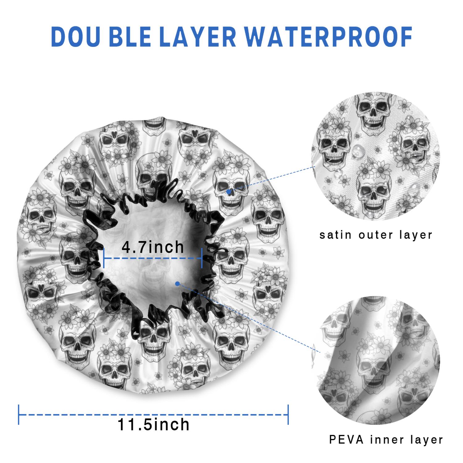 Shower Caps,White Floral Skull Pattern Waterproof Shower Cap for Women 4 Pieces,Double Reusable Hair Cover for Shower PEVA Elastic Stretch Hem