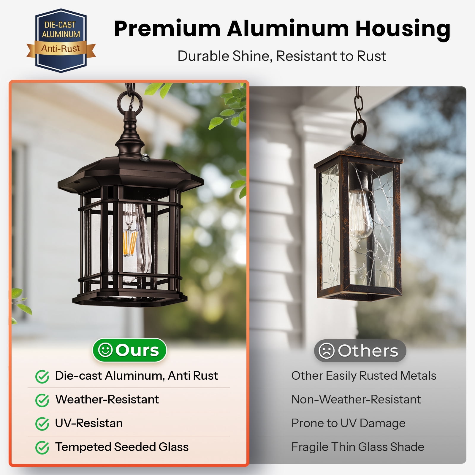Gleamz Dusk to Dawn Outdoor Pendant Light, Oil Rubbed Bronze Hanging Porch Light Fixture, 100% Aluminum Outdoor Ceiling Sconce for Entryway, Backyard, Patio, 1 Pack