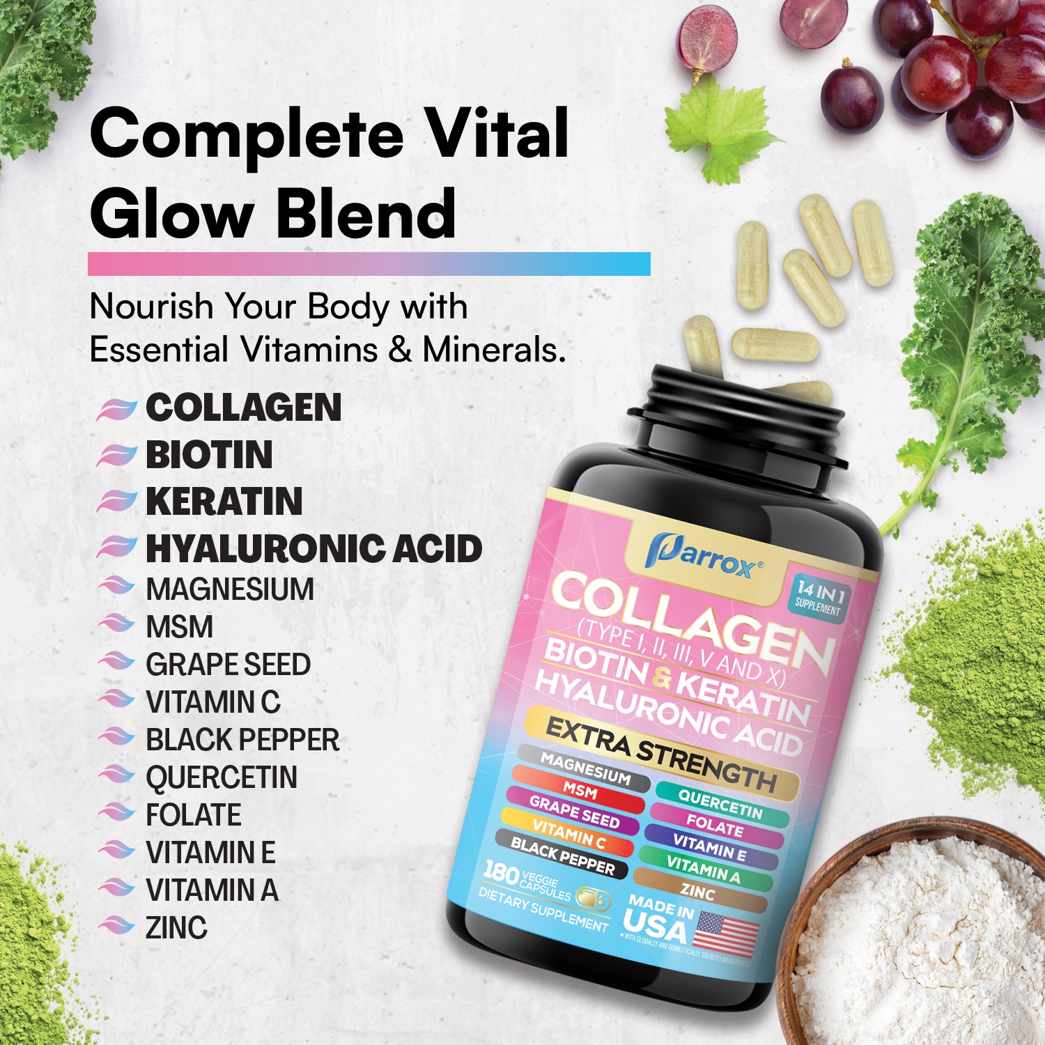 Parrox Collagen Peptides Types I, II, III, V & X, MCG Biotin, Keratin, Hyaluronic Acid, MSM, Zinc, Grape Seed Extract, Quercetin, Vitamin A, Vitamin C, Vitamin E, Magnesium, Folic Acid (180 Capsules)