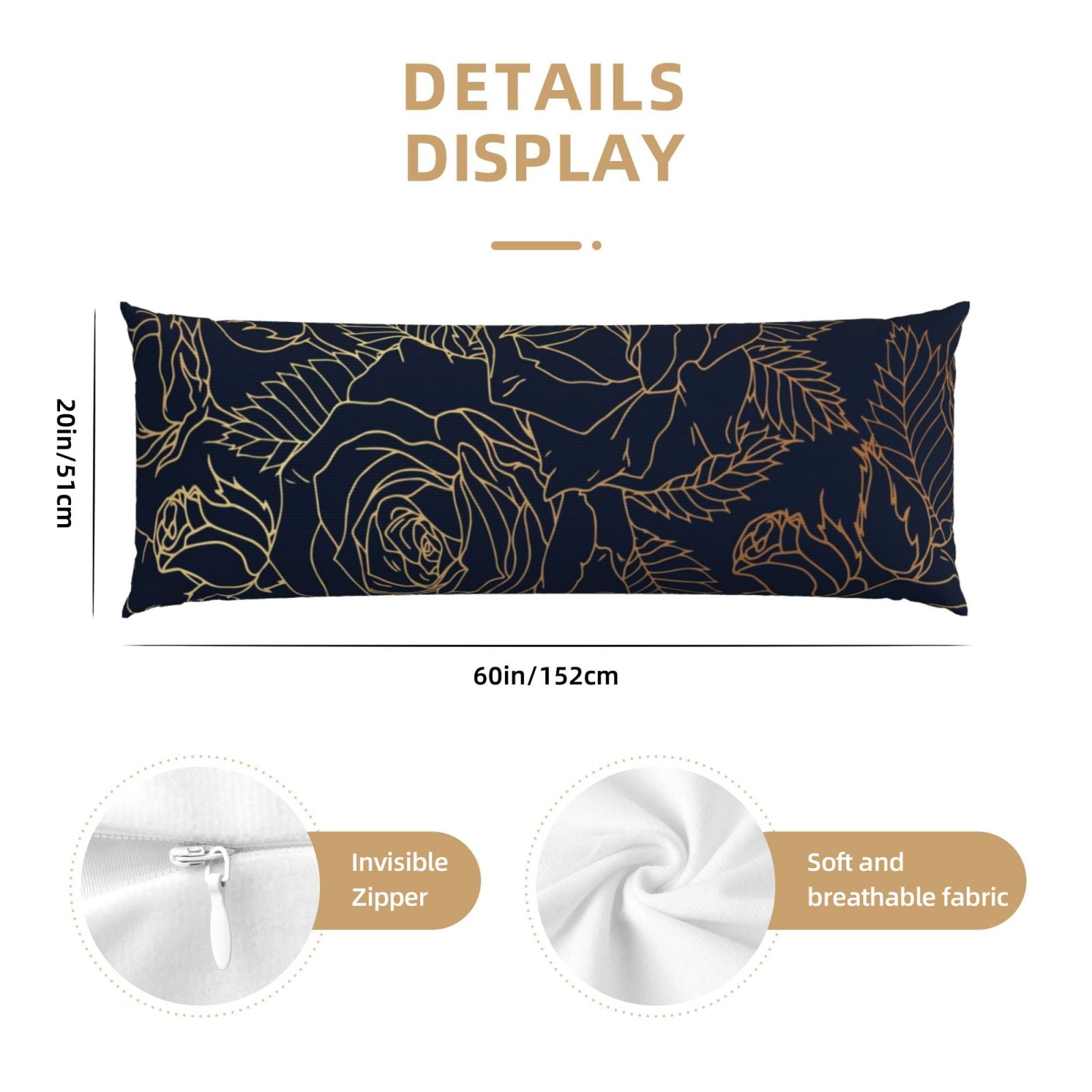 Naloa Copper-Gold Gloss Outline Rose Super Soft 20x60 Body Pillow Case,Long Side Hidden Zipper（PILLOWS ARE NOT INCLUDED）