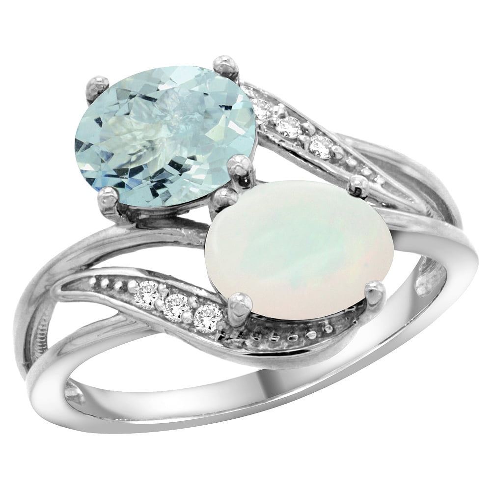 10K White Gold Diamond Natural Aquamarine & Opal 2-stone Ring Oval 8x6mm, sizes 5 10 by WorldJewels