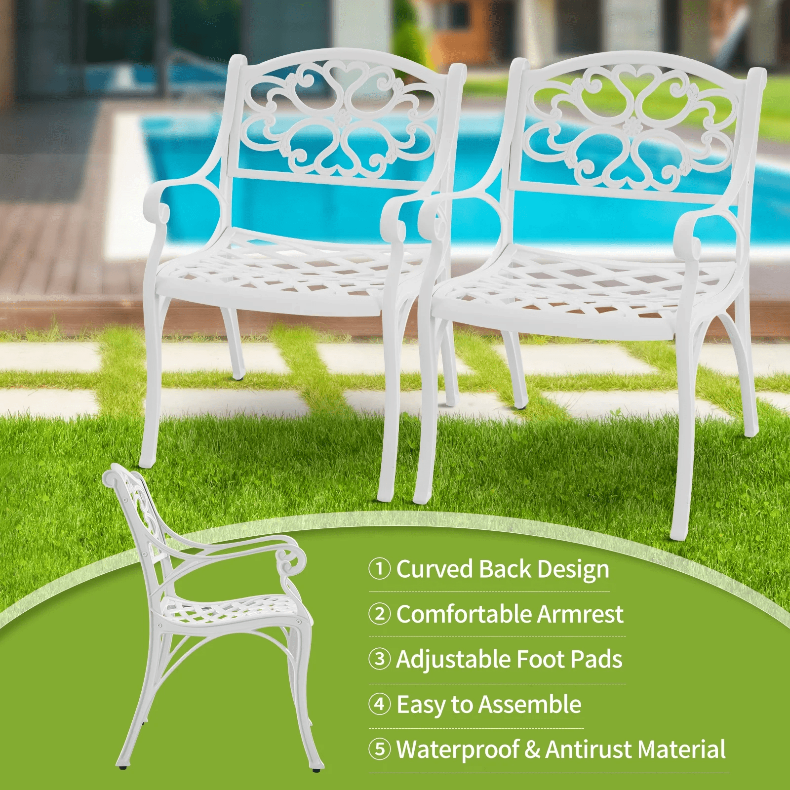 PATIO-IN Cast Aluminum Patio Chair Set of 2 with Armrests, White Metal Bistro Chairs, Outdoor Patio Dining Chairs for Garden, Porch, Poolside
