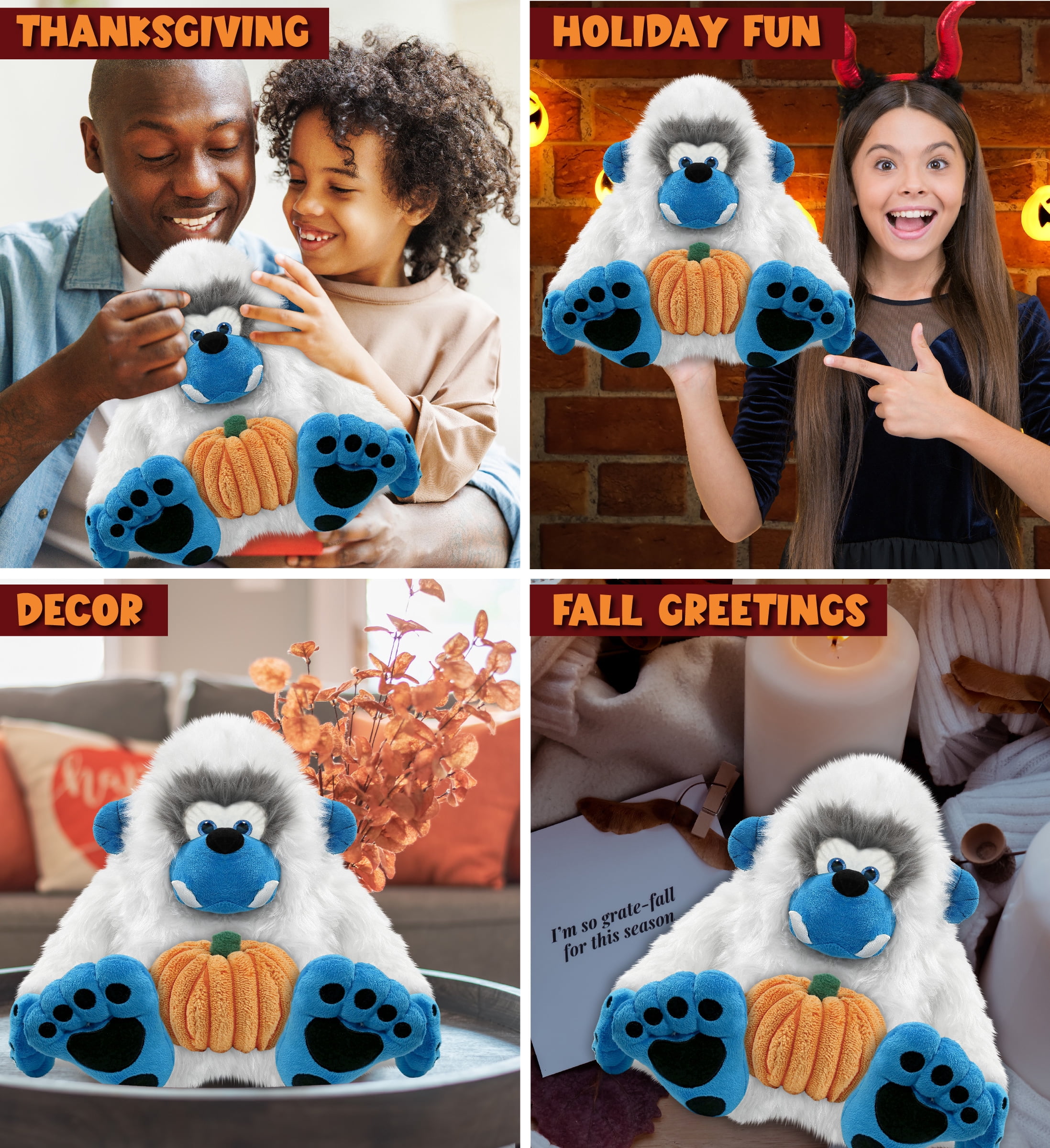 DolliBu Super Soft Yeti Stuffed Animal with Pumpkin Decor - Pumpkin Plush Animal for Fall, Halloween and Thanksgiving, Pumpkin Toy for Baby, Kids, Adults - 12 Inches