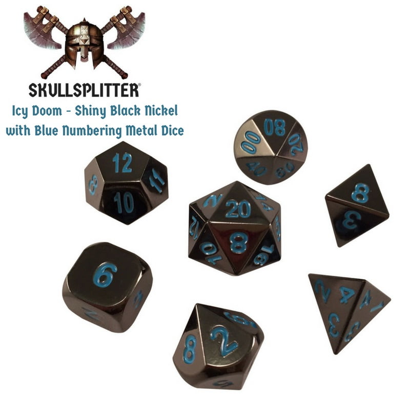 Thieves Tools with Icy Doom | Shiny Black Nickel with Blue Numbering Metal Dice -