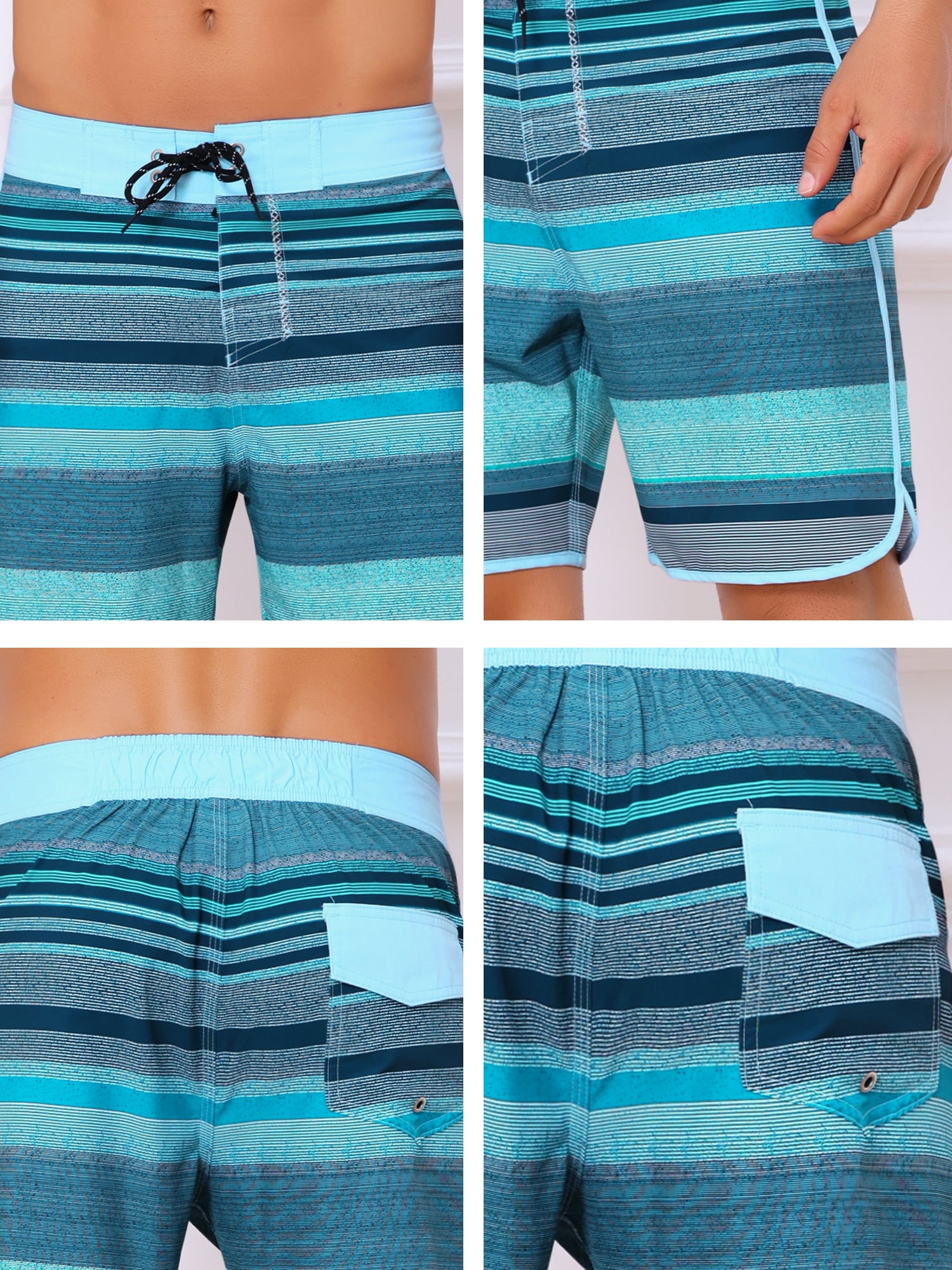 DARING DIVA Men's Drawstring Waist Color Block Striped Board Shorts 34 Light Blue
