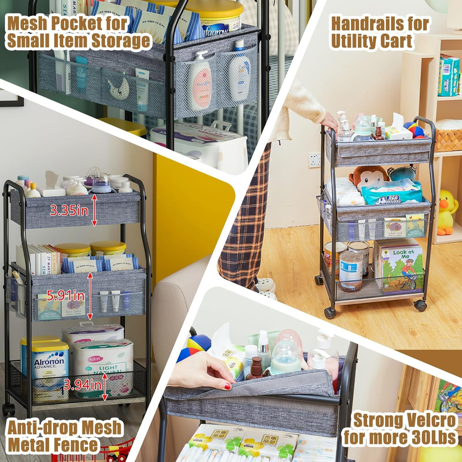 X-COSRACK 3-Tier Rolling Baby Diaper Organizer Cart, Metal Nursery Utility Cart with Wheels & Removable Dividers, Multi-Purpose Storage for Bathroom & Kitchen