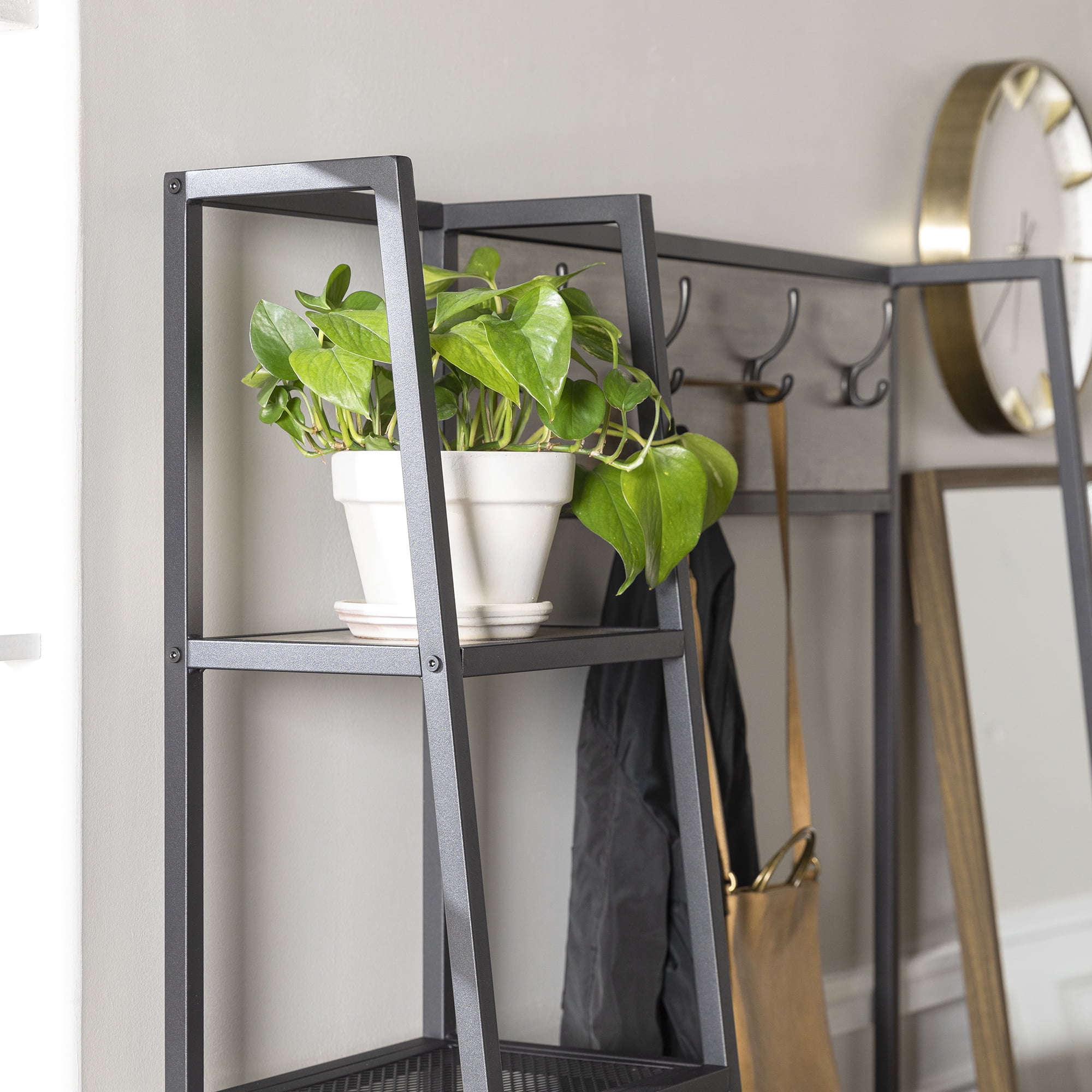 Woven Paths Modern Hall Tree with Bench and 5 Shelves, Grey Wash