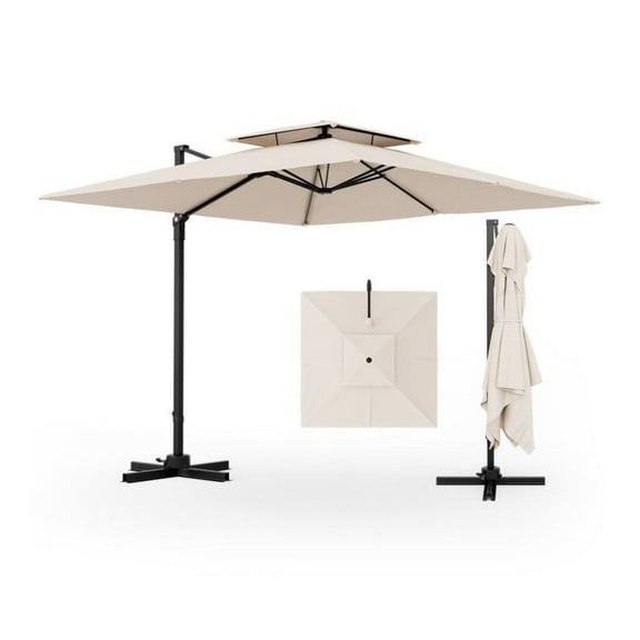 9.5ft Cantilever Patio Umbrella, 360° Rotation, Double Vented, Outdoor Offset Umbrella with Crank & Tilt, Beige/Coffee/Navy