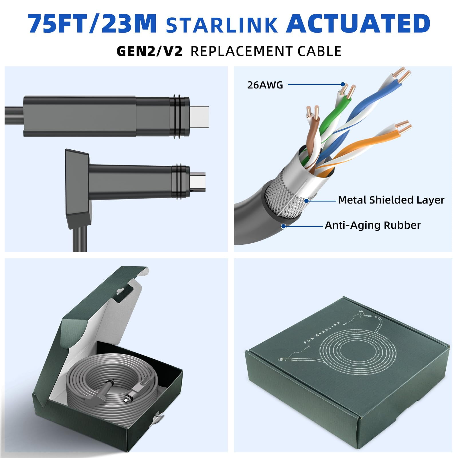 Starlink Replacement Cable (75FT / 23M) for Starlink Rectangular Satellite V2, Waterproof Starlink Cable Extension for Starlink Actuated Gen 2, Starlink Ethernet Cable