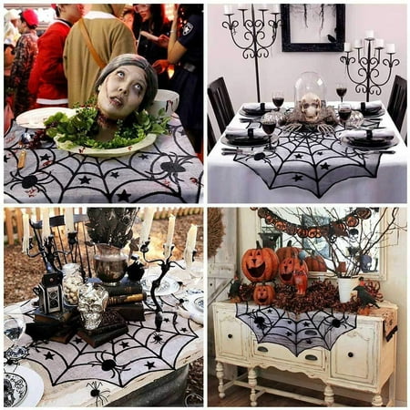 

Pmedae Halloween Spiderweb Tablecloth Black Lace Bat Spider Party Table Decor Curtain