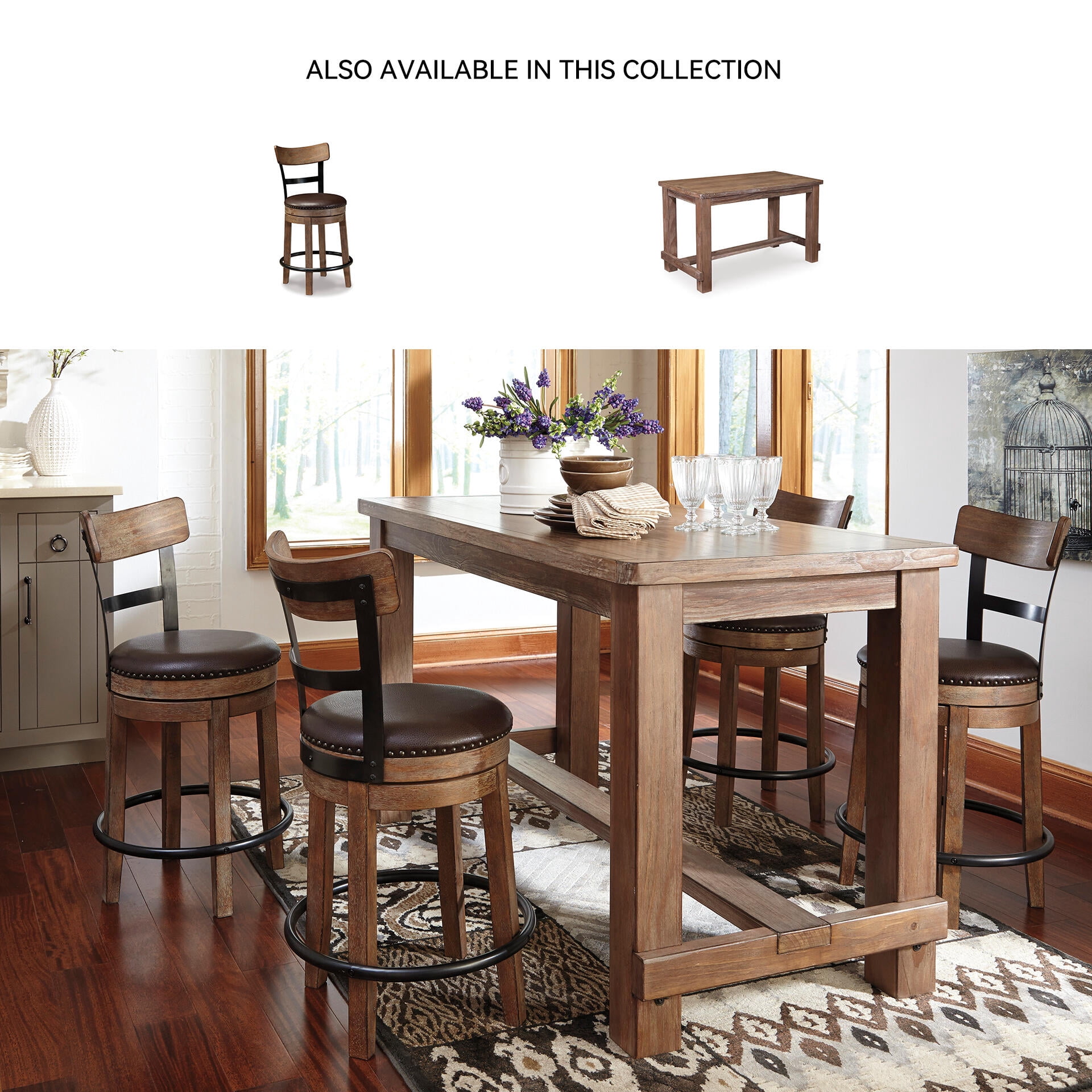 Signature Design by Ashley Pinnadel Swivel Counter Height Bar Stool, Light Brown, Upholstered Chair with Faux Leather Seat and Metal Footrest