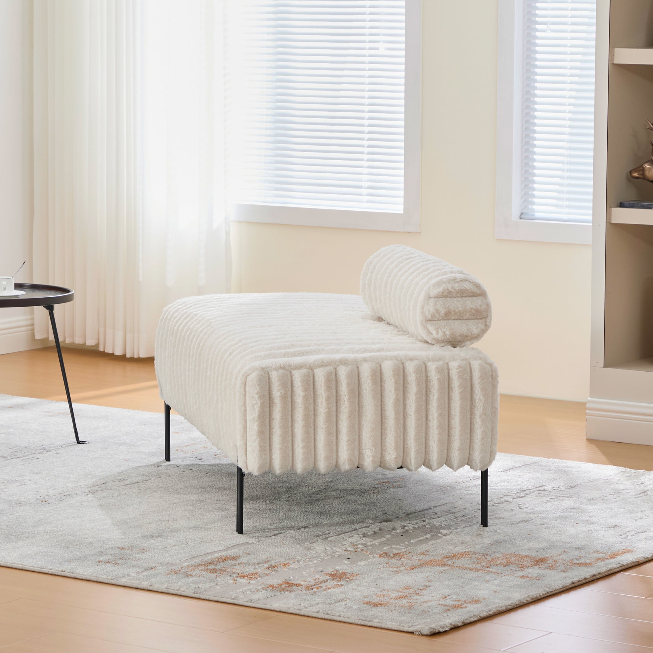 Noble House Fenton 49.6" Faux Fur Mini Loveseat, Adjustable Back Wide Bench with Metal Legs for Small Spaces, Beige