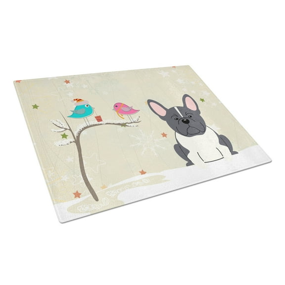 Christmas French Bulldog Black White Glass Cutting Board Large