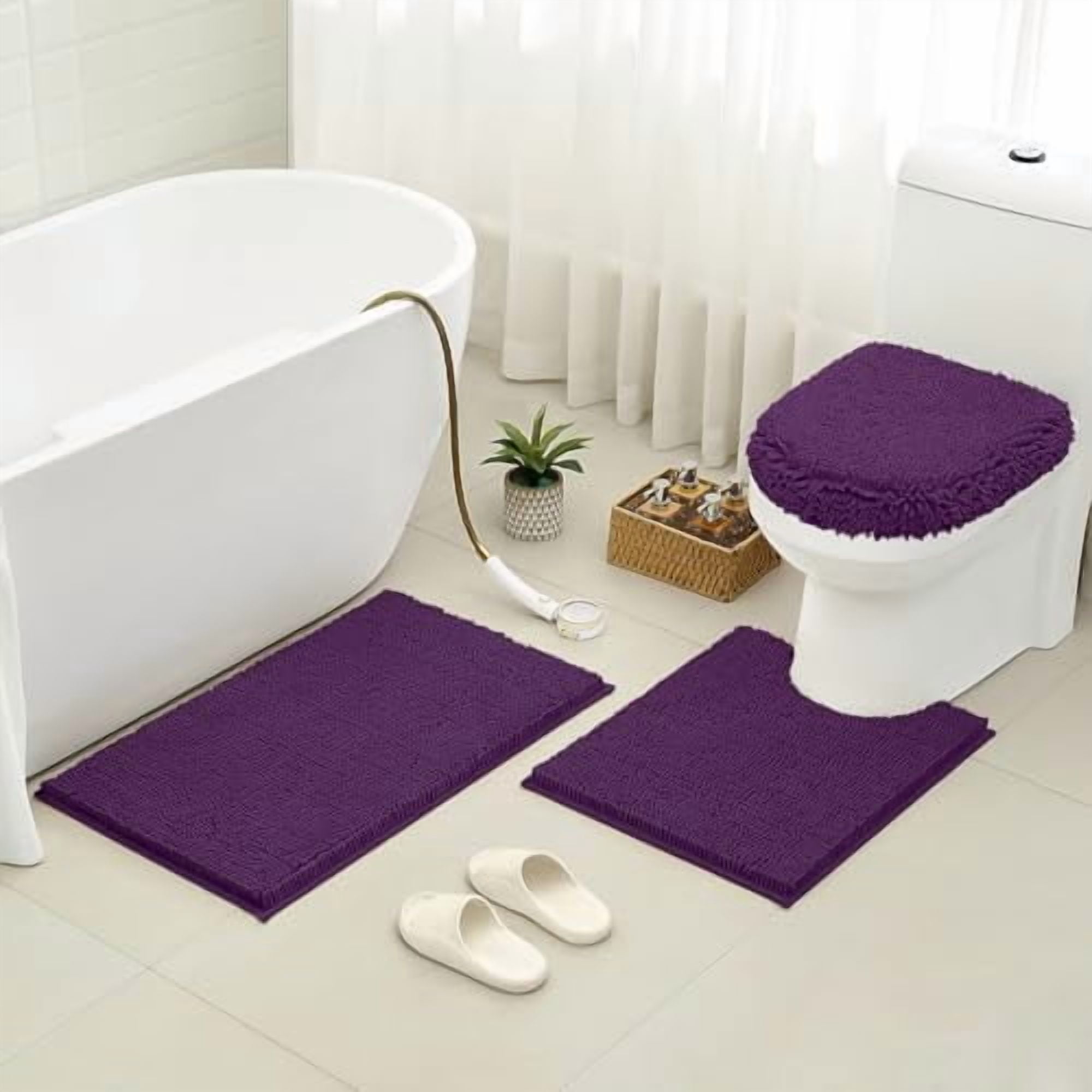 3 Pieces Dark Purple Bathroom Rugs Set, Ultra Soft Non Slip Bath Rug and Absorbent Chenille Bath Mat, Includes U-Shaped Contour Rug, Bath Mat and Toilet Lid Cover, Perfect for Bathroom Floor