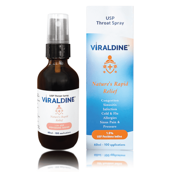 Viraldine 1.5% Povidone-Iodine Throat Spray for Rapid Allergy Relief, 100 Sprays, 60ml