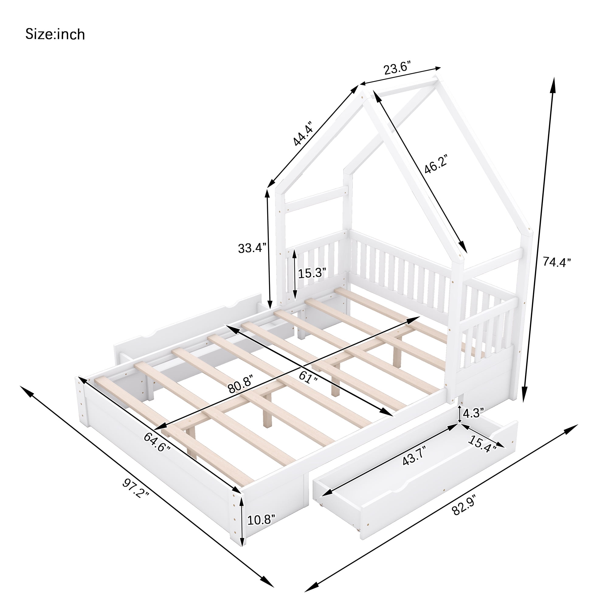 Sailvan Queen Wood House Platform Bed with Guardrail and 2 Storage Drawers White