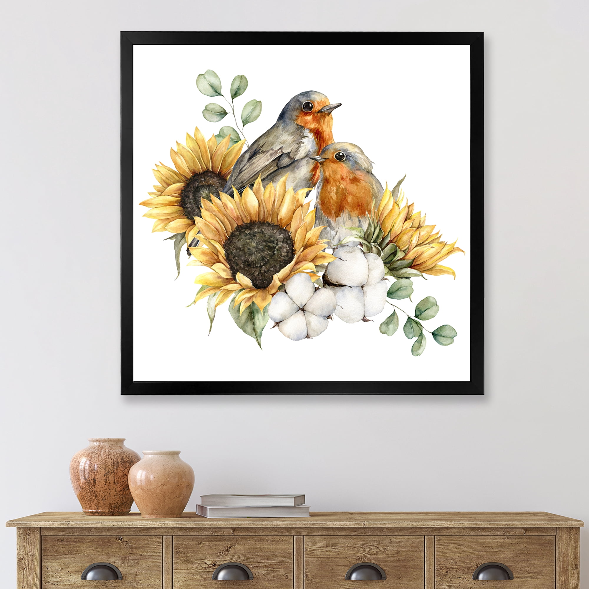 Designart 'Autumn Bouquet With Robin Redbreasts Sunflowers Cotton' Traditional Framed Art Print