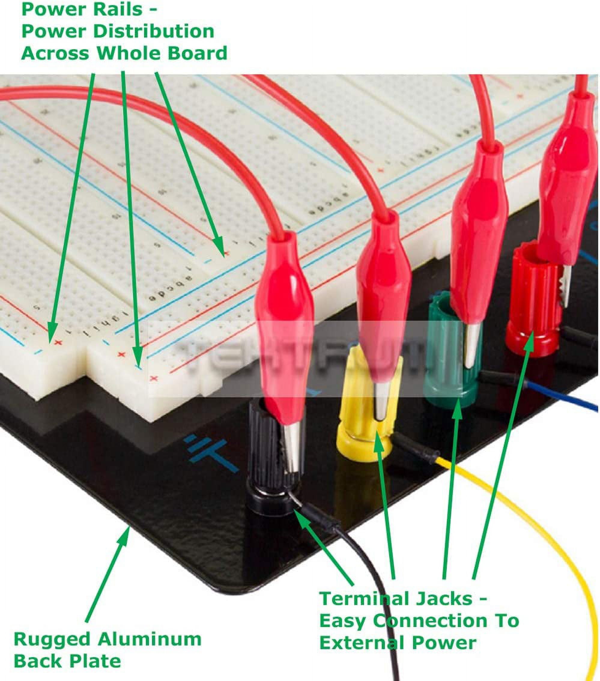 TEKTRUM EXTERNALLY POWERED SOLDERLESS 2200 TIE-POINTS EXPERIMENT PLUG-IN BREADBOARD WITH ALUMINUM BACK PLATE AND JUMPER WIRES FOR PROTO-TYPING CIRCUIT/ARDUINO