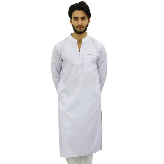 Atasi Men's White Kurta Pyjama Set Ethnic Tunic Punjabi Long Shirt-Small