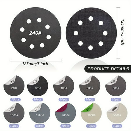 

100pcs 5-inch 8-hole sanding disc with 2 buffer pads hook-and-loop backed velvet-type dry and wet sandpaper 240 to 5000 grit for woodworking and car polishing