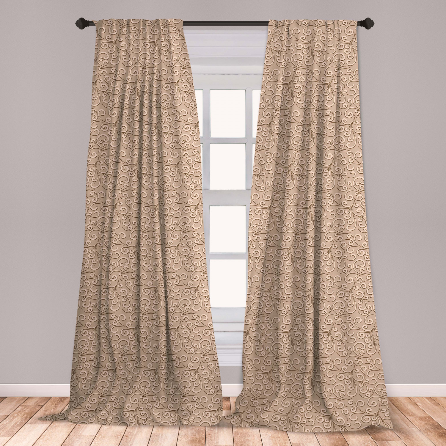 Beige Curtains 2 Panels Set, Baroque Floral Swirls Damask Pattern