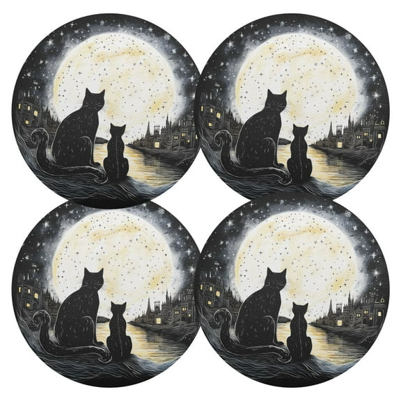 Ryvnso Cat in Night with Moon Round Plate Mats Dining Table Placemat Set of 4 for Holiday Decoration
