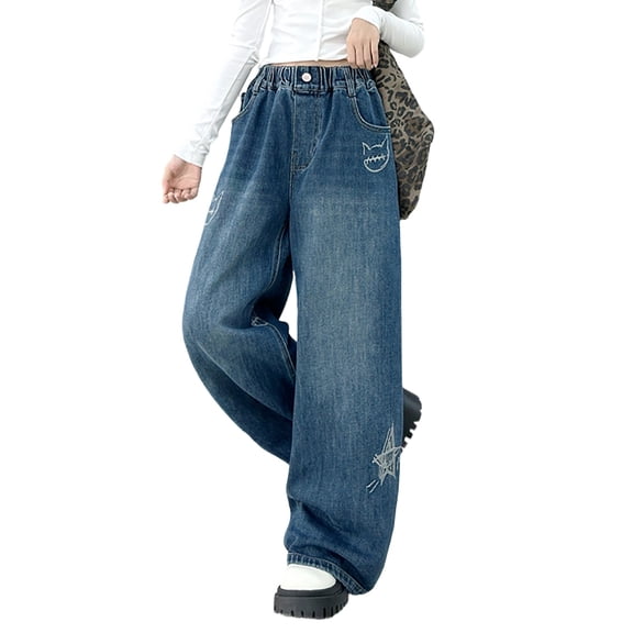 MuXiKeJi Clothes Girls Jeans With Bows Embroidered Loose Fit Wide Leg Straight Denim Pants Fashion Casual Bottoms for Kids Girls Jeans