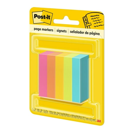 Post-it® Page Markers, Assorted Colors , .5 in. x 1.875 in., 100 Sheets/Pad, 5 Pads/Pack