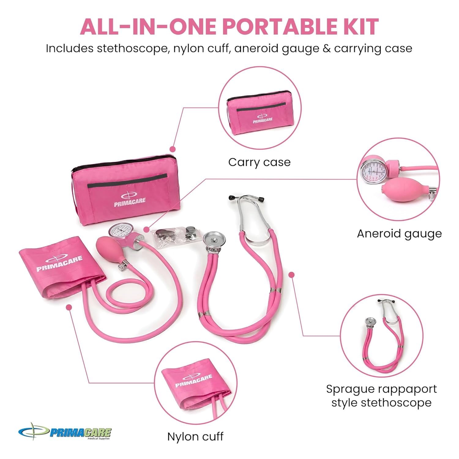 Primacare DS-9181-PK Blood Pressure Cuff and Sprague Rappaport Stethoscope, and Carrying Case, Pink
