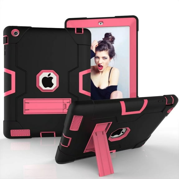Dteck Shockproof Case For iPad 2 3 4, Heavy Duty Hybrid Kickstand Back Cover Black/Rose