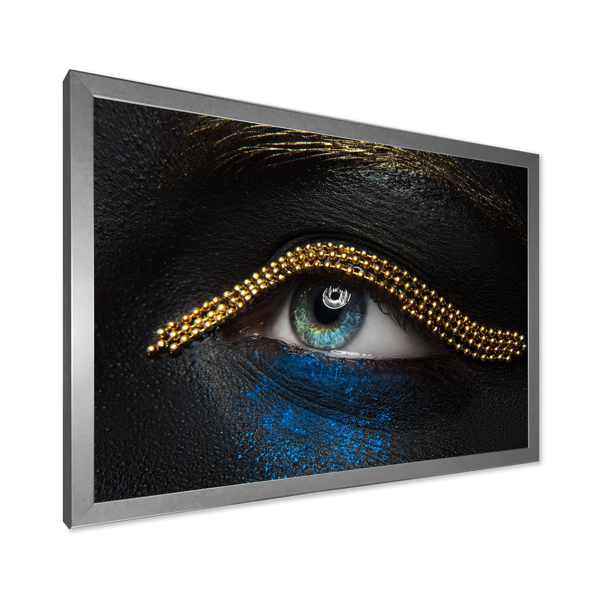 Designart 'Woman Eyes With Black Skin With A Gold Chain' Modern Framed Art Print
