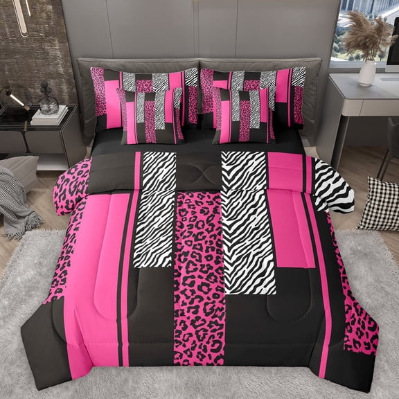 Homewish Geometric Striped 7-Piece Twin Bedding Sets,Leopard Print Zebra Lines Bedding Comforter Set,Pink White Black Sheet Sets For Girls Kids,Luxury Bedroom Decor Reversible