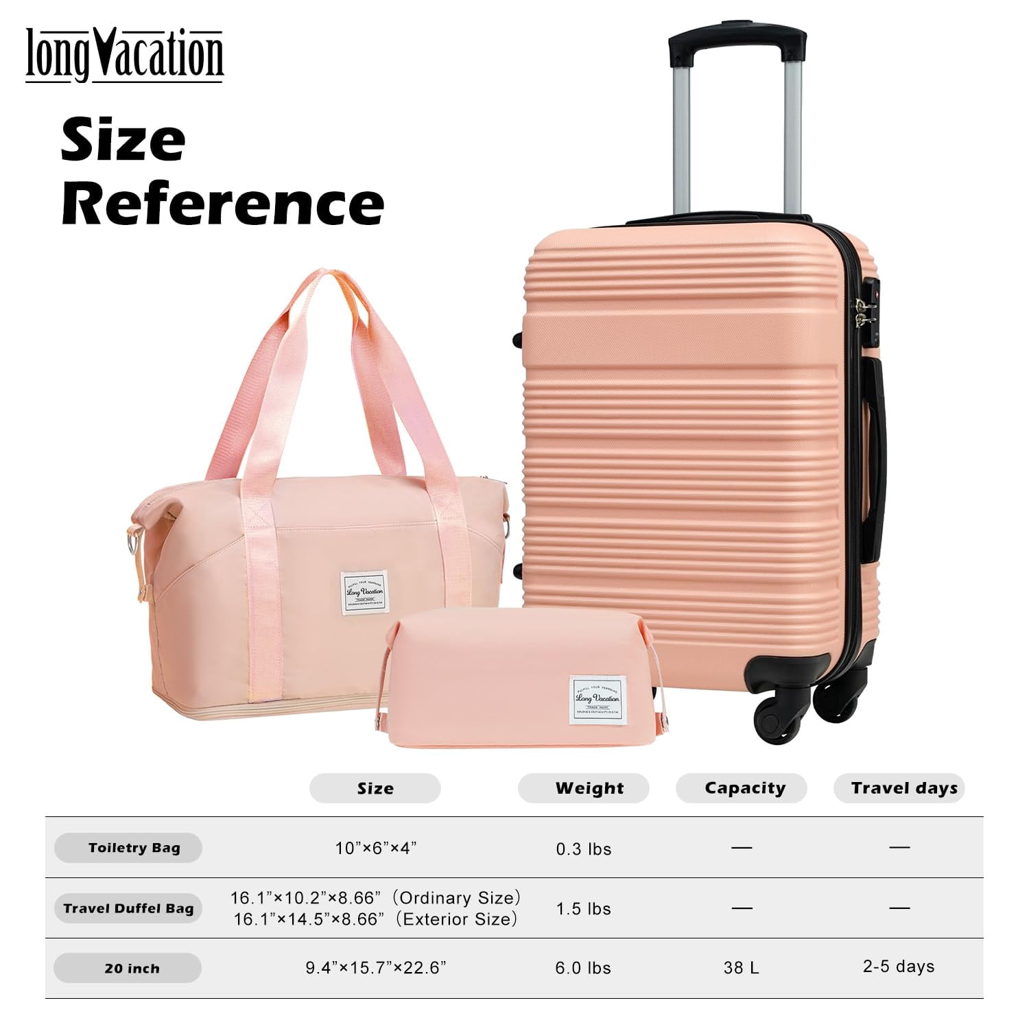 LONG VACATION 3 Piece Carry On Luggage 20 Inch Suitcase with Spinner Wheels, ABS+PC Hardshell Suitcase set with TSA Lock & YKK Zipper, Pink