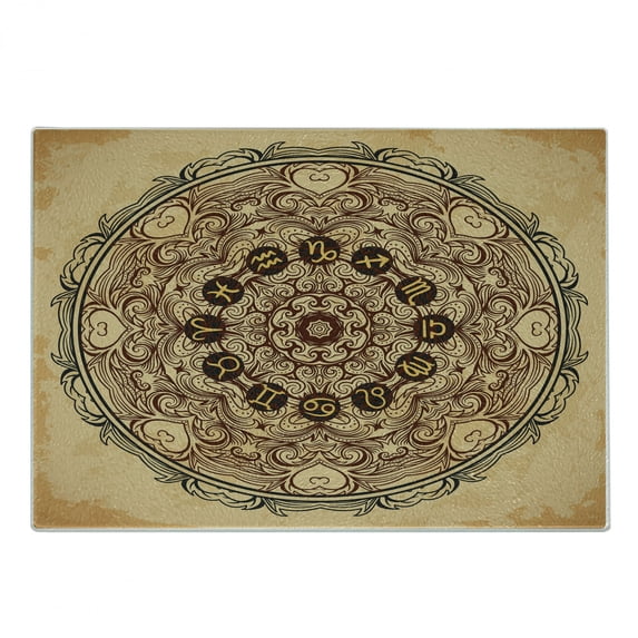 Zodiac Cutting Board, Micro Cosmos Universe Eastern Lace Mandala Form with Signs on Grunge Backdrop, Decorative Tempered Glass Cutting and Serving Board, Small Size, Brown Tan, by Ambesonne