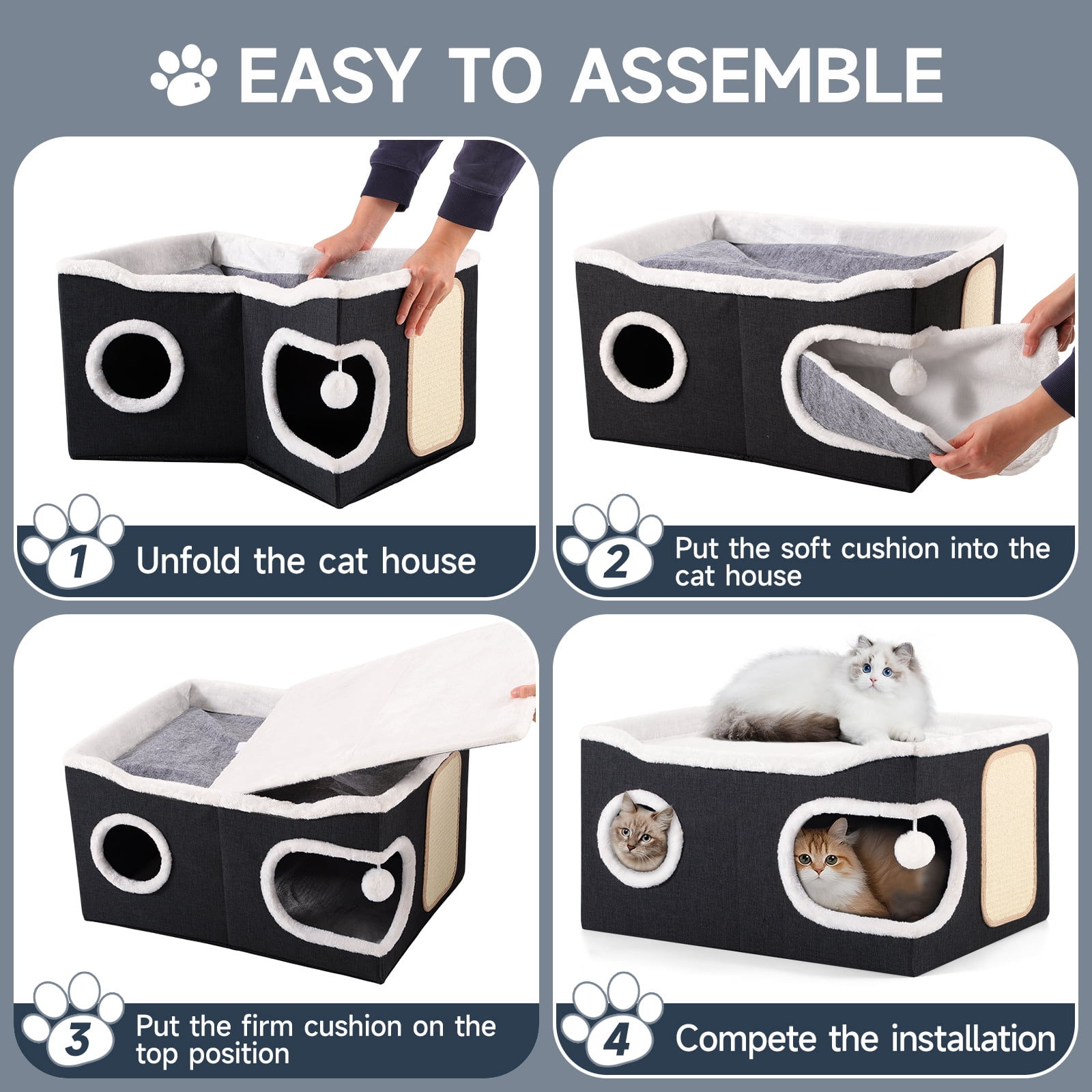 Cat Beds for Indoor Cats, Extra Wide Large Cat House for Pet Cat Cave with Scratch Pad and Fluffy Hanging Ball,Foldable Cat Cube Hideaway,Black