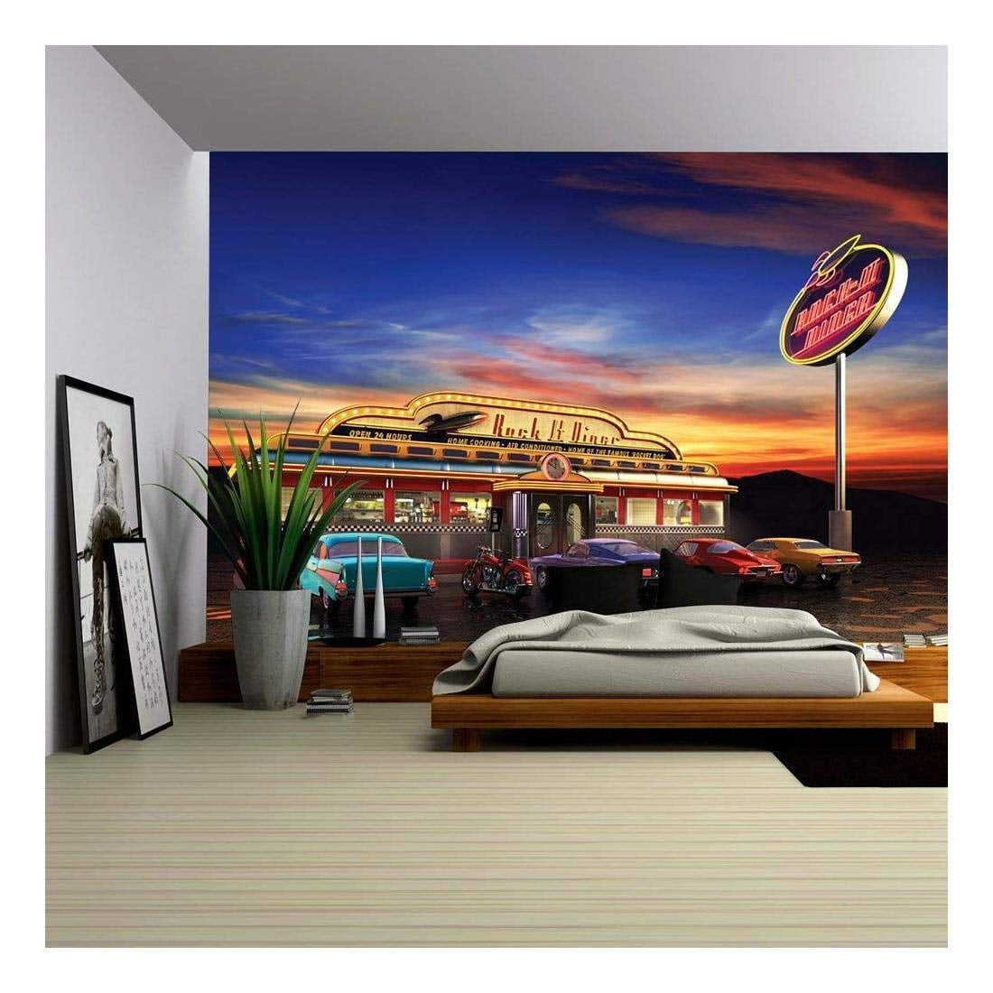 Wall26 Retro American Diner at Dusk Removable Wall Mural Selfadhesive Large Wallpaper