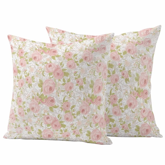 Pink Flowers Outdoor Pillow Covers, Waterproof Decorative Throw Pillowcases Set of 2, Country Botanical Floral Leaves Romantic Couch Cushion Cases with Zipper for Outside Patio Garden Sofa 18"x18"
