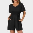 thumbnail image 3 of 2DXuixsh Rompers for Women Women's Jumpsuit Summer V Neck Button Short Ruffle Sleeve Smocked Mini Short Romper Workout Casual Wide Legs Rompers Black Size L, 3 of 5