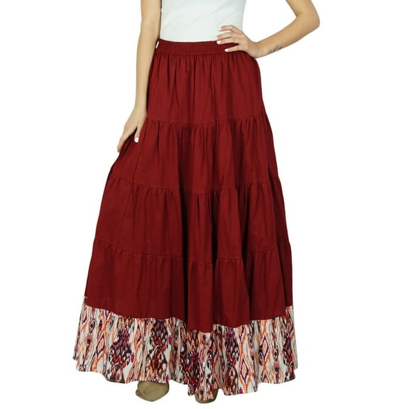Bimba Womens Long Flaired Cotton Skirt Maroon Maxi Bottoms Elastic Waist