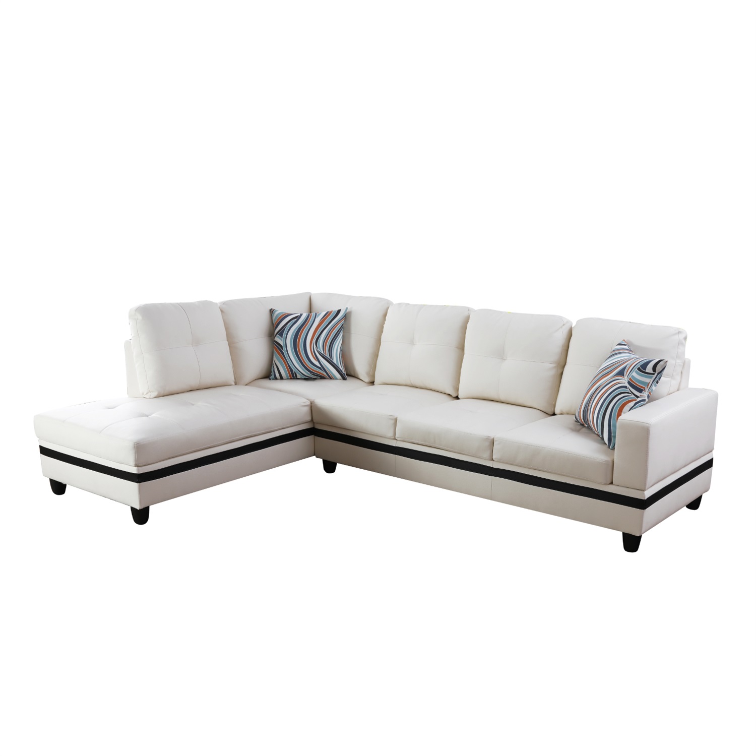 Hommoo 4-Seat Semi Semi PU Synthetic Leather Sectional Sofa Sets, L Shaped Sectional Couches and Sofas, Modern Living Room Furniture Sets, 17.5'' Back Height, White and Black(No Ottoman)