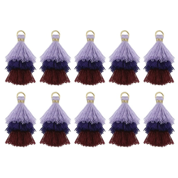 10Pcs Mini Borlas Tri-Capa de 1.6" Charm de Bolsa Bohemio Llavero para Proyectos de DIY (Púrpura/Azul oscuro/Café)