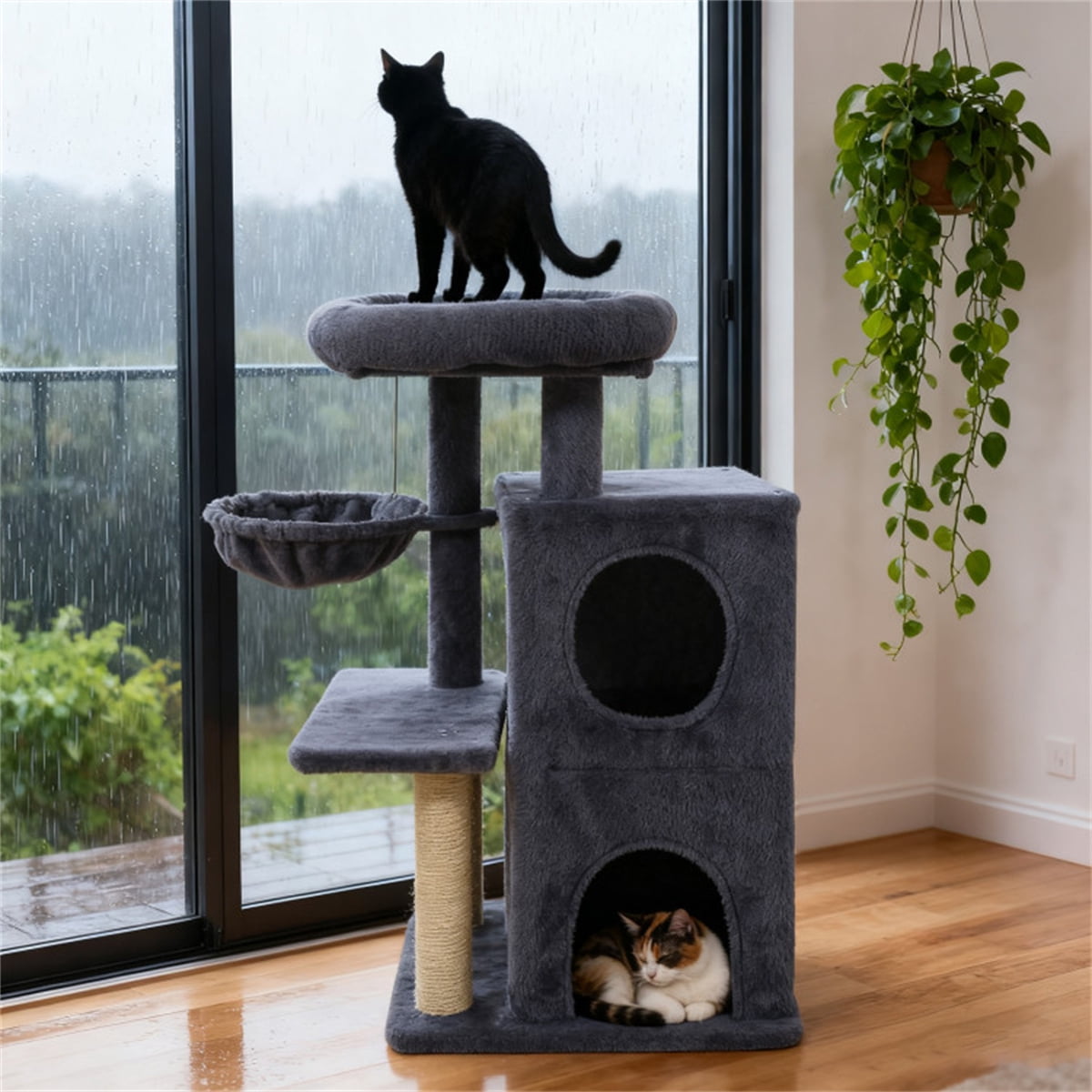 ZephyPaws Tall Cat Tree Tower for Indoor Cat, 35in Multiple-Level Cat Condo with 2 Caves, Cat Scratching Posts,Perches,Dark Gray