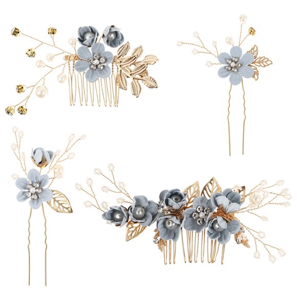 Juego de 4 peinetas para el pelo de boda hechas a mano, tocado floral para novia, accesorios para el cabello con diamantes de imitación, accesorios para vestido de novia (azul)