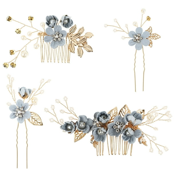 Juego de 4 peinetas para el pelo de boda hechas a mano, tocado floral para novia, accesorios para el cabello con diamantes de imitación, accesorios para vestido de novia (azul)