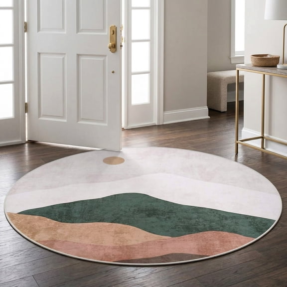 4ft Abstract Round Rug,Soft Washable Non-Slip Sun and Mountain Circle Kids Room Rugs,Chic Faux Wool Low-Pile Circular Throw Rugs for Entryway/Bedroom/Nursery/Living Room/Bathroom(Grey)