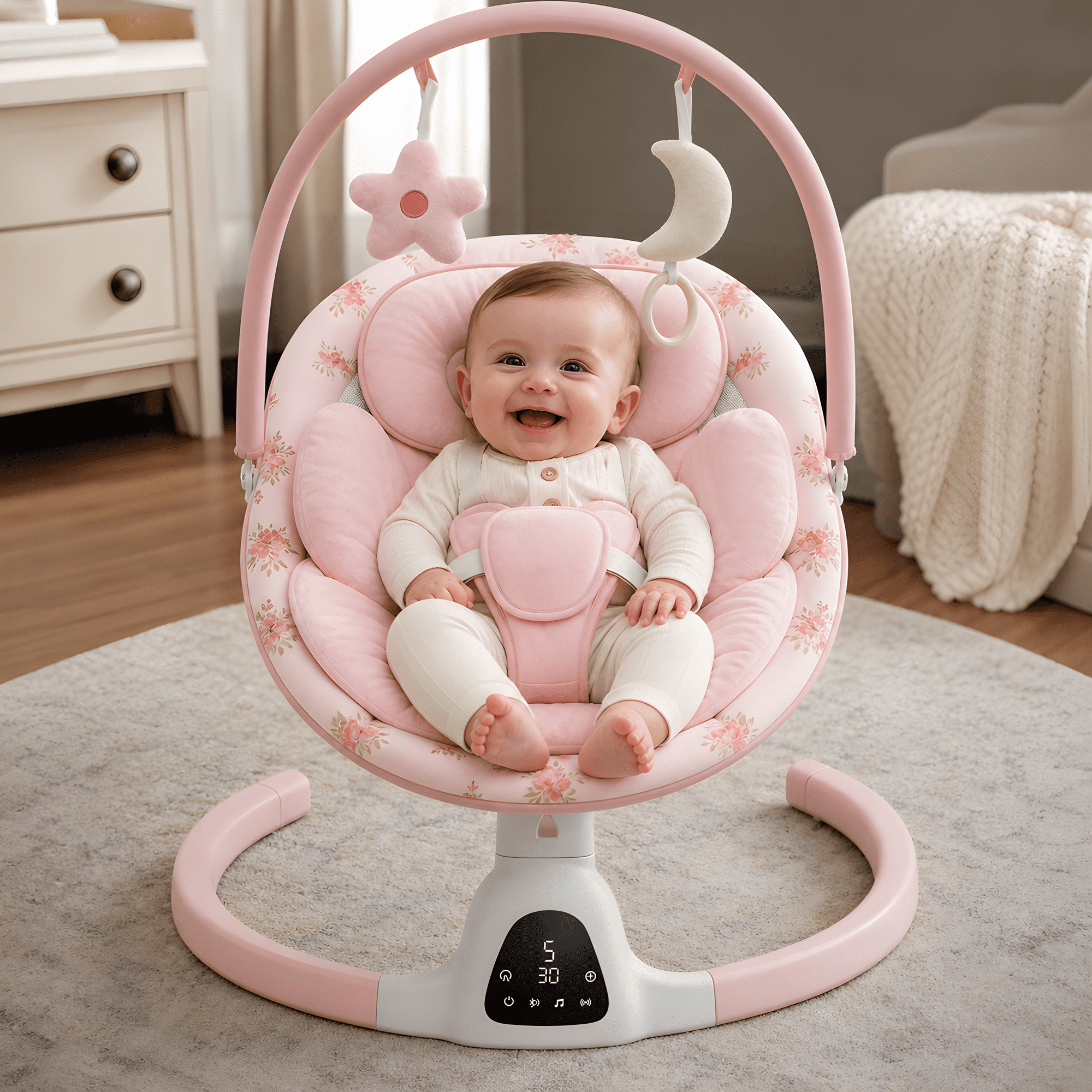PRVAETU Baby Swing for Infants,5 Speeds,10 Lullabies,5-Point Harness,Electric Rocking Chair for Toddlers with Bluetooth,Remote Control,Touch Panel,Pink Flower