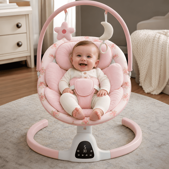 PRVAETU Baby Swing for Infants,5 Speeds,10 Lullabies,5-Point Harness,Electric Rocking Chair for Toddlers with Bluetooth,Remote Control,Touch Panel,Pink Flower